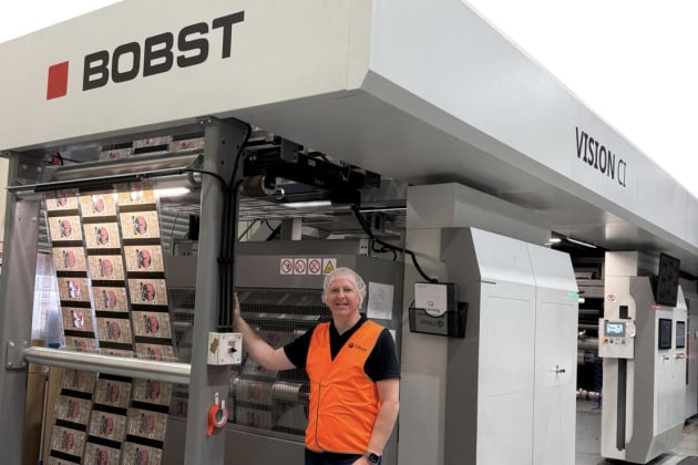 Ryan Worthington alongside the new Bobst eight-colour Bobst flexographic press.