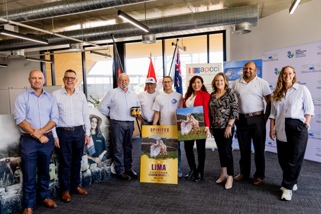 Pictured (L-R): Simon Tarmo, Department of Primary Industries and Regional Development; Michael Carter, Chamber of Commerce and Industry WA; John Gibbs, Spinifex; Louis Gussman, Gussman Enterprises; Miguel Jimenez-Gatt; Flor Canning, Australia Peru Chamber of Commerce; Robyn Clarke MLA, Member for Murray-Wellington; Michael Little, Spinifex; Elise Gibbs, Artist.