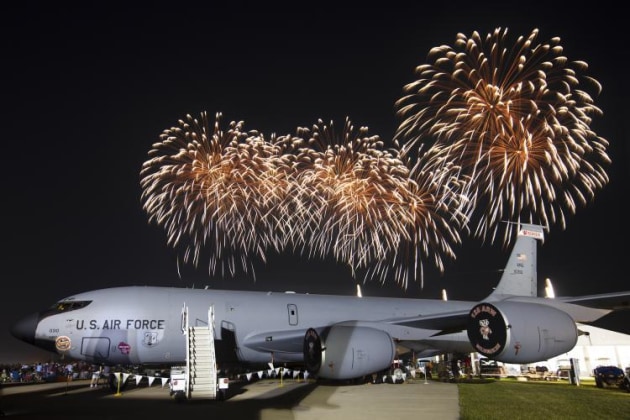 Fireworks explode in the background with a resting USAF KC30 in the foreground. (Philip Hosking)