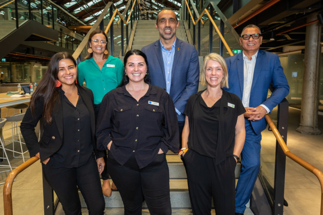 The First Nations Advisory Board Group (left to right) Kristal Kinsela, Courtney Palmer, Lauren Smith, Adam Goodes, Alex Holt, Sean Golding. Not pictured - Adam Bray, Claire Peters.