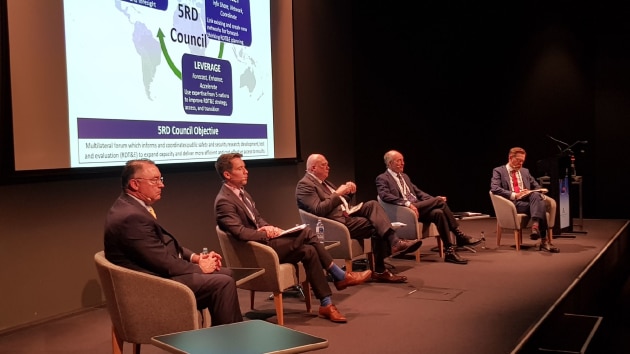 Jay Martin, Simon Staffell, Mark Williamson, Richard Davis and the forum moderator Professor Rory Medcalf, head of the National Security College at ANU. Credit: David Jones/ADM