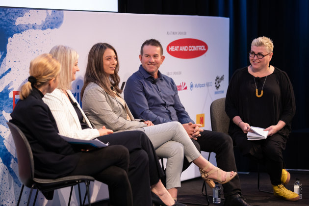 The panel takes the stage (L-R): Teresa Cutter, The Healthy Chef; Nicole Ohm, Brownes Dairy; Natalie Moubarak, +hemp; Cameron Prowse, The Alternative Meat Co; and Food & Drink Business editor Kim Berry.