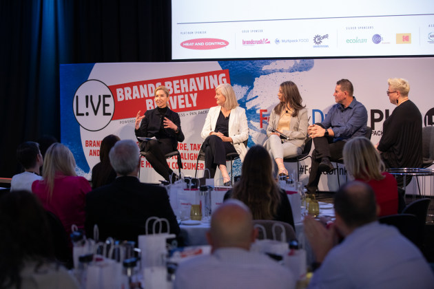 The panel discussion at Food & Drink Business + PKN LIVE took a deep dive into what it means for a brand to be brave. (From left to right: Teresa Cutter, The Healthy Chef; Nicole Ohn, Brownes Dairy Company; Natalie Morubarak, +Hemp; Cameron Prowse, The Alternative Meat Company; and Kim Berry, editor of Food & Drink Business.)