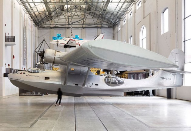 PBY Catalina Frigate Bird II has come down from the roof of Powerhouse. (Zan Wimberley)