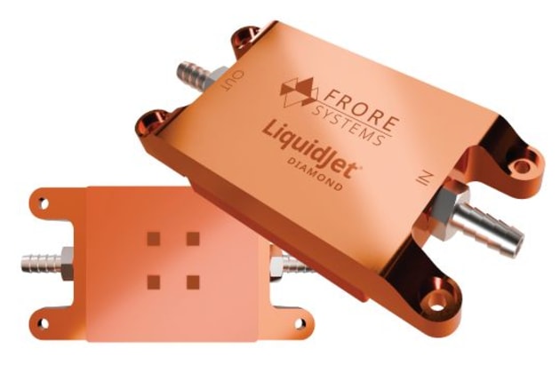 LiquidJet coldplate employs a unique 3D ultra short-loop multi-stage design which can be customised.