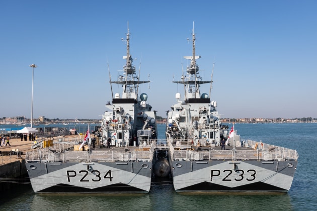 HMS Tamar and HMS Spey leaving HM Naval Base Portsmouth for the Indo-Pacific. (@hms_tamar via Twitter)