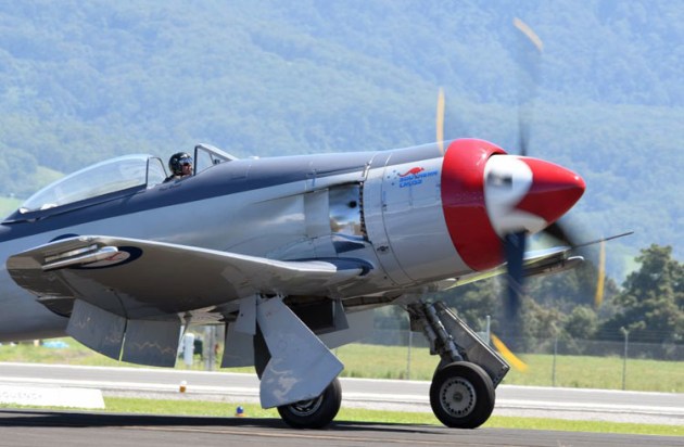 Paul; Bennet brings his newly-arrived Sea Fury back to the park after a stunning handling display. (Steve Hitchen)