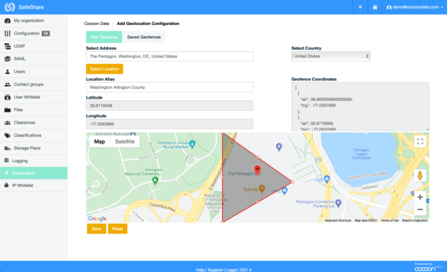 One of the advantages of Cocoon&rsquo;s SafeShare platform is its ability to &lsquo;geofence&rsquo; data based on latitude and longitude rather than an IP address. (Coocoon Data)