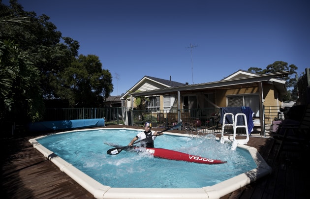 Olympic Canoeist Jess Fox Training in Isolation. Australian Olympic Canoeist Jess Fox trains in her swimming pool at her home on April 18, 2020 in Sydney, Australia. Athletes across the globe are now training in isolation under strict policies in place due to the Covid-19 pandemic. Fox has won 26 World Cup Gold medals, 7 World Championship titles, and 2 Olympic medals.