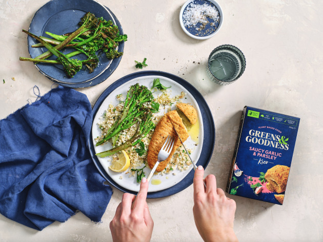The new Greens & Goodness range includes Golden Crumbed Garlic & Herb Schnitzel, Golden Tempura Nuggets, Saucy Garlic & Parsley Kievs and Spicy Bombay Tenders. Image: Greens & Goodness