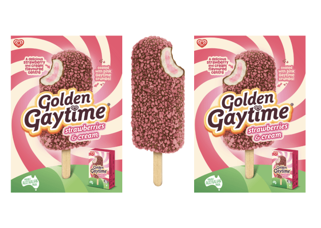 Golden Gaytime Strawberries & Cream is inspired by the very first Gaytime flavour that launched in 1962, Wild Strawberry.
Source: Streets