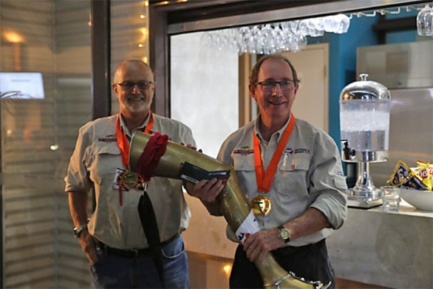 John Martindale and Tim Alexander from Coffs Harbour team Show Me The Mooney with the Golden Leg during the 2018 Outback Air Race. (OAR)