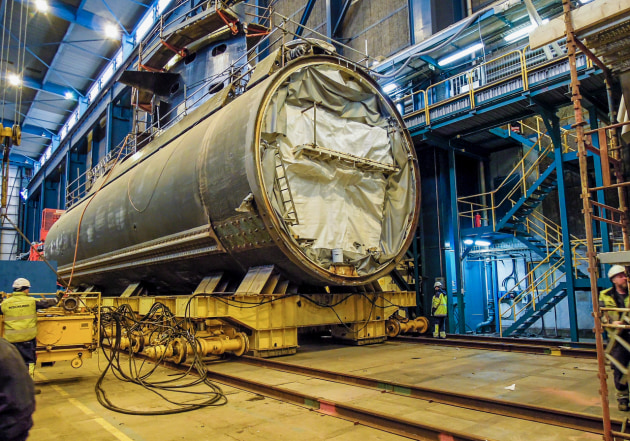 A two-metre plug is added to the hull of Gotland-class HSMS Uppland as part of mid-life upgrade. (SAAB)