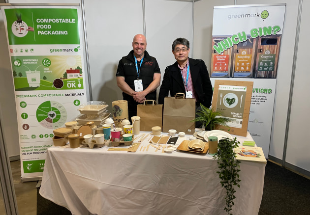 (l-r) PAC Trading&rsquo;s Peter Rosemond, national sales manager and Charlie Cai, MD demonstrating Greenmark products on stand.
Image: PKN