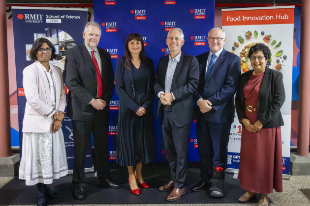 RMIT has launched a Food Innovation Hub at its Bundoora campus in Melbourne&rsquo;s north, positioning it as a way to help food manufacturers turn research into commercial products and tackle food system challenges. L-R: Professor Jayani Chandrapala, Professor Mark Osborn, Professor Mirjana Prica, Hon Andrew Giles MP, Distinguished Professor Calum Drummond AO, Distinguished Professor Sujeeva Setunge. Credit: Ellen Duffy Photography.