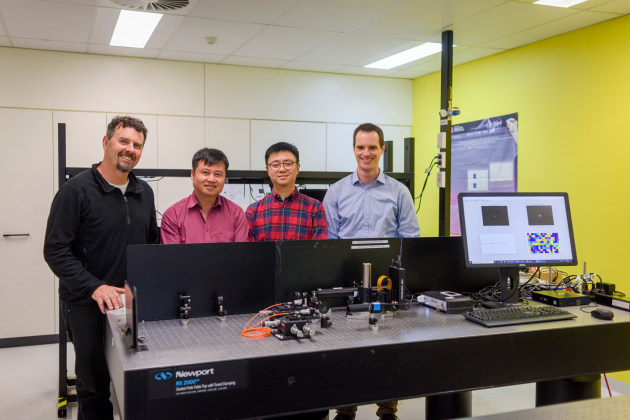 Prof David Lancaster, Dr Linh Nguyen, Dr Wen Qi Zhang, Dr Stephen Warren-Smith, members of the Deep Sensing: Machine Learning Enhanced Optical Fibre Hydrophone project team in CRF Round 6.
Credit: Defence Innovation Partnership