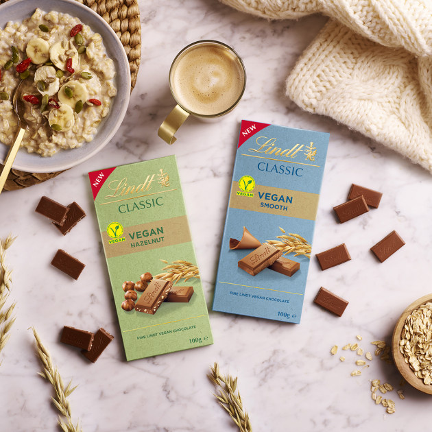 Lindt has released its first vegan range with Classic Vegan Smooth and Classic Vegan Hazelnut chocolate blocks. The plant-based blocks are made with cocoa blended with oat and almond for creaminess.