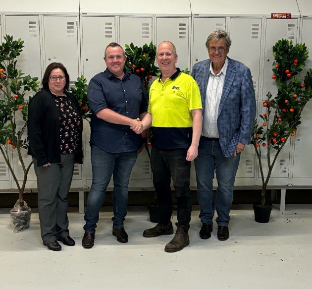 Orange grower and juice processor, Grove Juice, acquired Bega Group&rsquo;s Leeton juice extraction facility and assets in August 2024. L-R: Bega executive GM Branded Business Operations Ant Timms, Grove Juice owner Dick Estens, Bega Leeton Site leader Steve Shaw, and Grove Juice MD Greg Quinn. 
Source: Grove Juice