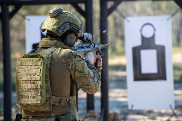An Australian soldier at the shooting range at Greenbank Training Area.
Defence