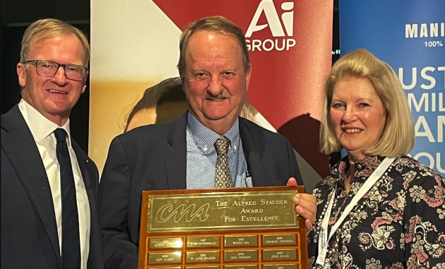 The CEO of Haigh&rsquo;s Chocolates, Alister Haigh, has received the Alfred Stauder Award for Excellence for his outstanding contribution to the confectionery sector in Australia. L-R: Ai Group head of Victoria, Tim Piper, Haigh's Chocolates CEO Alister Haigh and his wife, Sue Haigh. (Source: Ai Group)