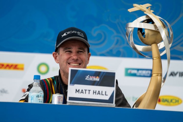 It's not going anywhere! Matt Hall fronts a Chiba press conference with the World Championship trophy within easy reach. (Jason Halayko / Red Bull Content Pool)