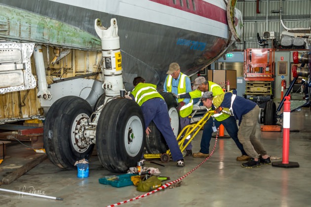 Work to put the wings and wheels back on the former Qantas and John Travolta Boeing 707-138 will be on show at HARS Aviation Museum's October Tarmac Days (Howard Mitchell)