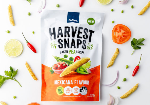 Harvest Snaps has welcomed three flavour additions to its range of better for you snacks: Baked Pea Crisps Mexicana, Sour Cream & Chives and Wasabi. Image: Calbee