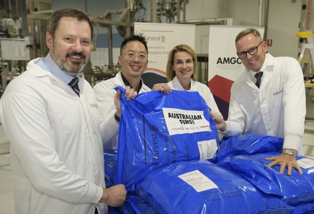 Australia's first plant-based meat ingredients facility has been launched by Harvest B. L-R: Co-founder/CCO Alfred Lo, federal industry minister Ed Husic, Co-founder/CEO Kristi Riordan, AMGC managing director Jens Goennemann.