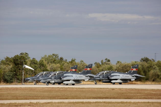 No. 76 Squadron Hawk 127s prepare to take off for a sortie during Exercise Diamond Storm.
Defence
