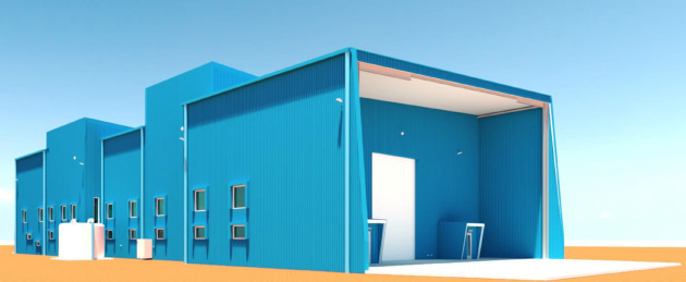 External render image of the Horizontal Integration Facility buildings at the Arnhem Space Centre showing high clearance roll up doors and airlock entries.
Credit: ELA