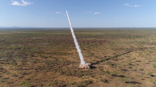 A US Marine Corps M142 High Mobility Artillery Rocket System (HIMARS) fires a guided rocket against targets on Bradshaw Field Training Area. 

Credit: Defence