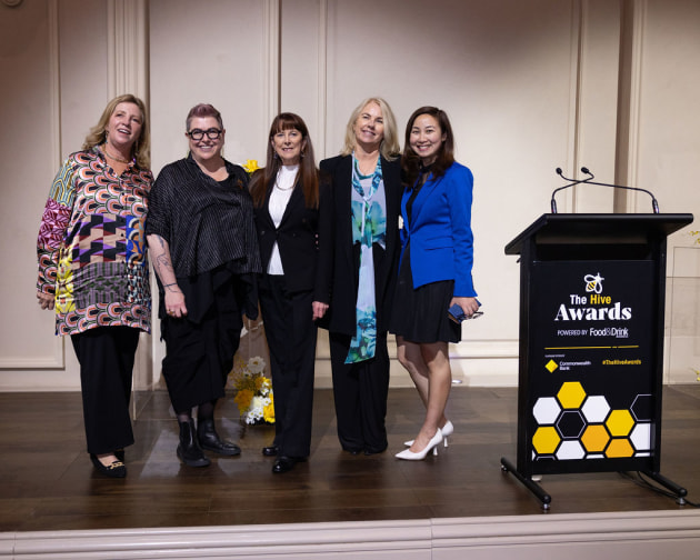 The Hive Awards (l-r): Yaffa Media CEO Tracy Yaffa, editor Kim Berry, national sales manager Sharon Amos, publisher Lindy Hughson, and Commonwealth Bank national manager, Manufacturing& Wholesale Trade, Maria Christina.