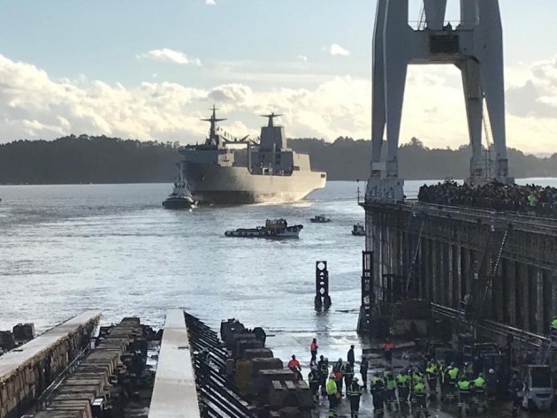 NUSHIP Supply was launched at high tide, after which VADM Noonan laid a coin for sister ship Stalwart. Credit: Navantia