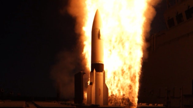 A missile is fired from HMAS Hobart off the US coast in 2018. (Defence)