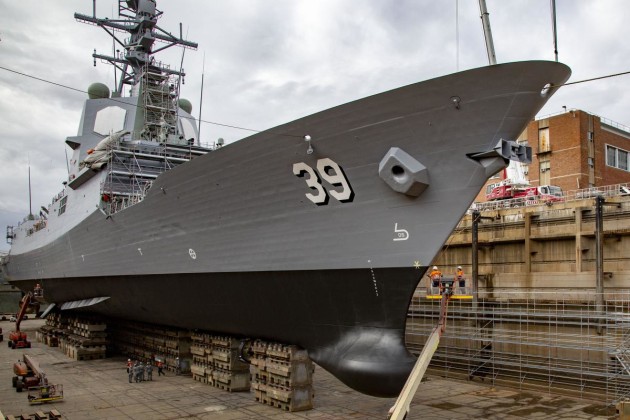 HMAS Hobart in the Captain Cook Graving Dock, Garden Island, in 2019. (Defence/Chief Petty Officer Cameron Martin)