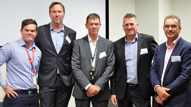 Mastering digital label printing at Holmesglen are (from left) Joseph Brown, QLM; Adrian Flemming, printIQ; Paul Ross, Holmesglen; Enda Kavanagh, XMPie; and David Cascarino, Konica Minolta