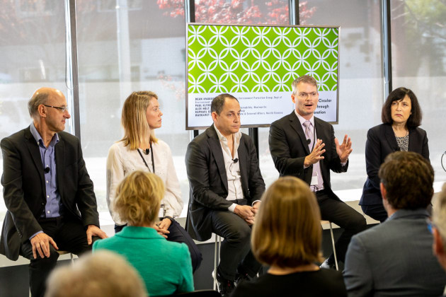 From L-R: Paul Klymenko, CEO, Planet Ark; Alex Holt, GM Quality, Health & Sustainability, Woolworths; Raphael Geminder, Chair, Pact Group; Dean Knudson, Deputy Secretary Environment Protection Group, Dept Environment & Energy; Margaret Stuart, Head of Corporate & External Affairs, Nestl&eacute; Oceania