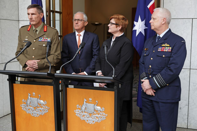 CDF Air Chief Marshal Mark Binskin, Defence Minister Marise Payne, Prime Minister Malcolm Turnbull, and Chief of Army Lieutenant General Angus Campbell at the announcement naming him as incoming CDF. Defence