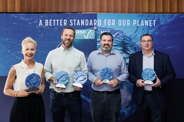 MSC Award winners L-R: Heidi Walker (Walker Seafoods), Bill Wall (Coles), Scott Wing (Woolworths Group), Brett Patience (Bidfood). Source: MSC/Raul Ortiz de Lejarazu Machin