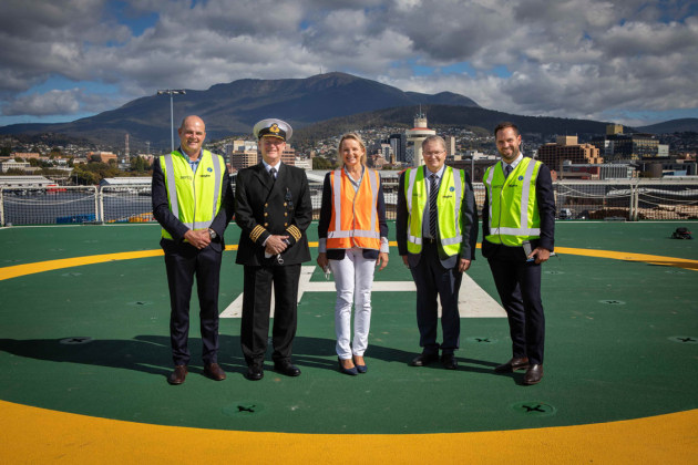 Serco ASRV Operations Manager, John East, Master RSV Nuyina, Gerry O&rsquo;Doherty, Sussan Ley, Minister for the Environment, Serco Defence Managing Director, Clint Thomas, and Serco Director of Public and Industry Affairs, Paul Higgins. (Credit: Pete Harmsen, AAD)