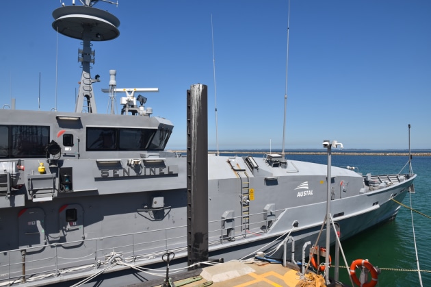 &lsquo;Sentinel&rsquo;, the former HMAS Maitland, has arrived at Austal Australia&rsquo;s Henderson shipyard to commence the &lsquo;modification phase&rsquo; of the Patrol Boat Autonomy Trial, for the Royal Australian Navy. (Austal Australia)