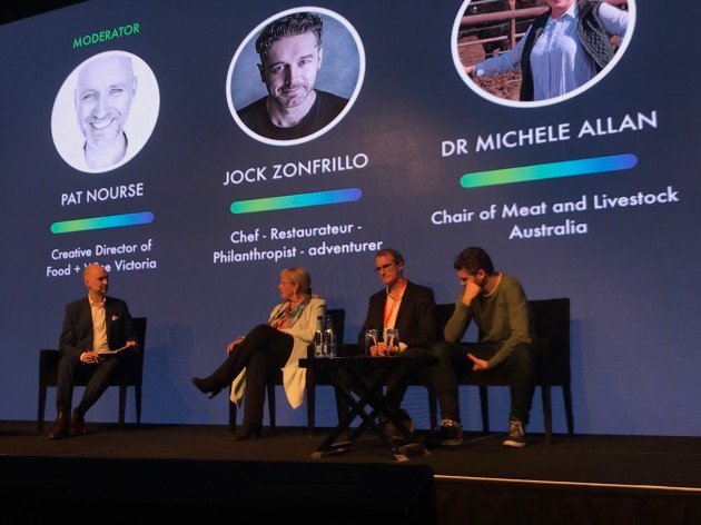 Keynote panel (L-R): Moderator, Pat Nourse, creative director of Food + Wine Victoria;  Dr Michele Allan, chairperson of Meat and Livestock Australia; Will Young, CEO and dounder of Campos Coffee; and Jock Zonfrillo, owner of Restaurant Orana and winner of the Good Food Guide&rsquo;s Best Restaurant Award in 2018.