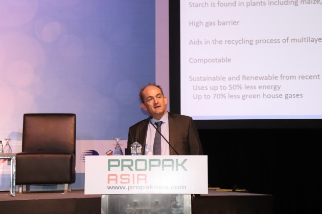 Warwick Armstrong of Plantic Kuraray speaks at the Global Packaging Forum at ProPak Asia 2019.