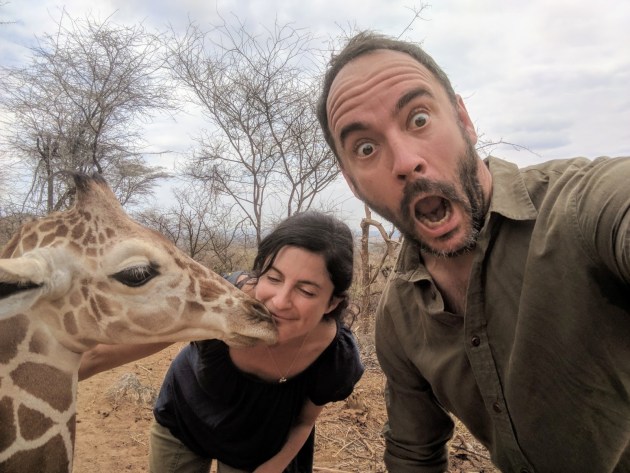 Dave Matthews (@davematthewsband) takes a selfie with &ldquo;Shorty&rdquo; the reticulated orphaned giraffe and Ami Vitale, oblivious, gets a kiss from him instead at @sararacamp. The tallest living land animal, a giraffe stands between 4.5 and 5 metres tall &ndash; and almost half that height is neck.