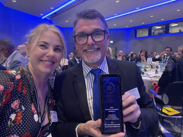 At WorldStar Awards: Joe Foster, CEO Close the Loop Group and OF Packaging shows off his trophy.
