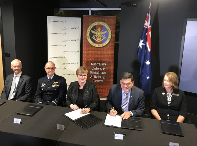 CIO Steve Pearson, AVM Warren McDonald, Senator Linda Reynolds, Lockheed Martin Australia CEO Vince Di Pietro and Amy Gowder, VP and GM Lockheed Martin Training and Logistics Solutions. Credit: Katherine Ziesing