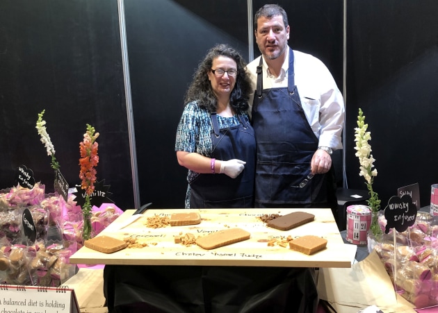 Fudge maker Alan Bender (pictured with his partner) was at the show for the first time with his new handmade Kosher fudge product under the Soul Gourmet brand. The former professional chef says he had to first create his own Kosher condensed milk, and it took him 20 years to perfect his recipe.