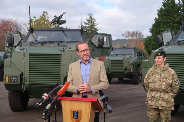 New Zealand Defence Minister Andrew Little speaking at the delivery event for the Bushmasters at Trentham Military Base on 25 May. (Tim Fish)