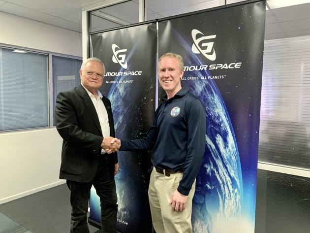 Dr Ben Greene, CEO of Electro Optic Systems (EOS) and Adam Gilmour, CEO of Gilmour Space finalised the MOU with a handshake. (Credit: EOS)