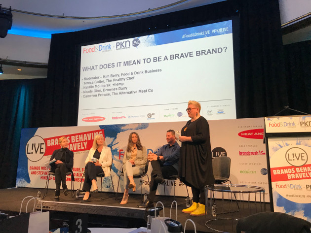 A brave panel (L-R): Teresa Cutter, The Healthy Chef; Nicole Ohm, Brownes Dairy.; Natalie Moubarak, +hemp; Cameron Prowse, The Alternative Meat Co; and Food & Drink Business editor Kim Berry as panel moderator.